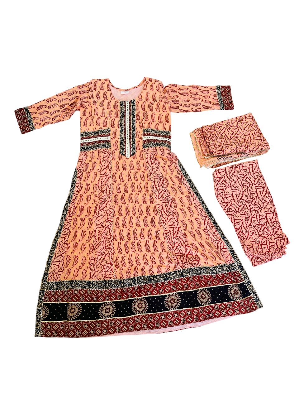 Bagh print pure cotton Nyra cut set- Free size(inner Margin upto 5XL)-Peach