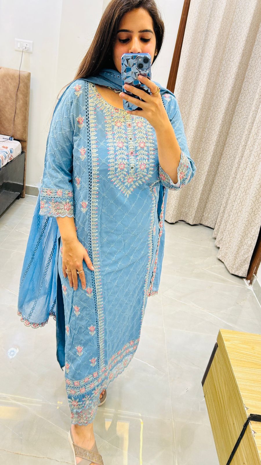 Blue heavy mul-mul fabric Pakistani style straight suit set