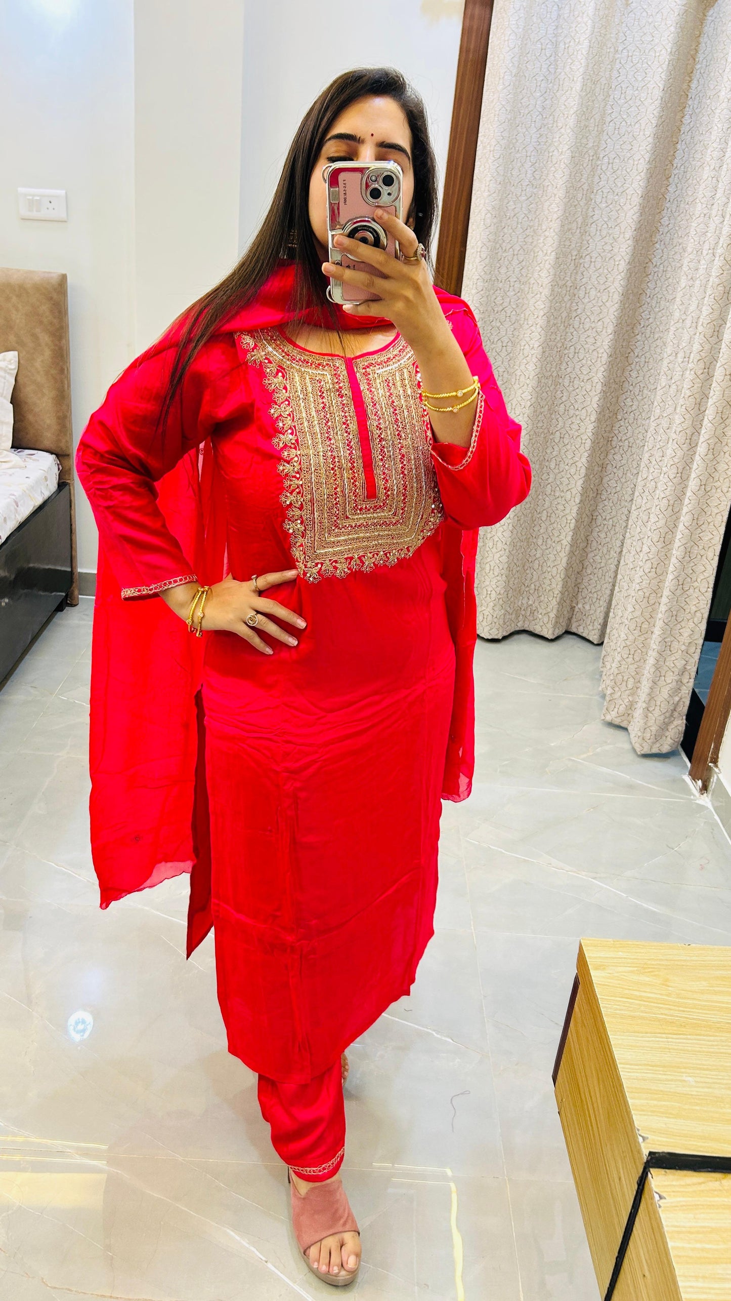 Pure silk Red Rani color straight suit set