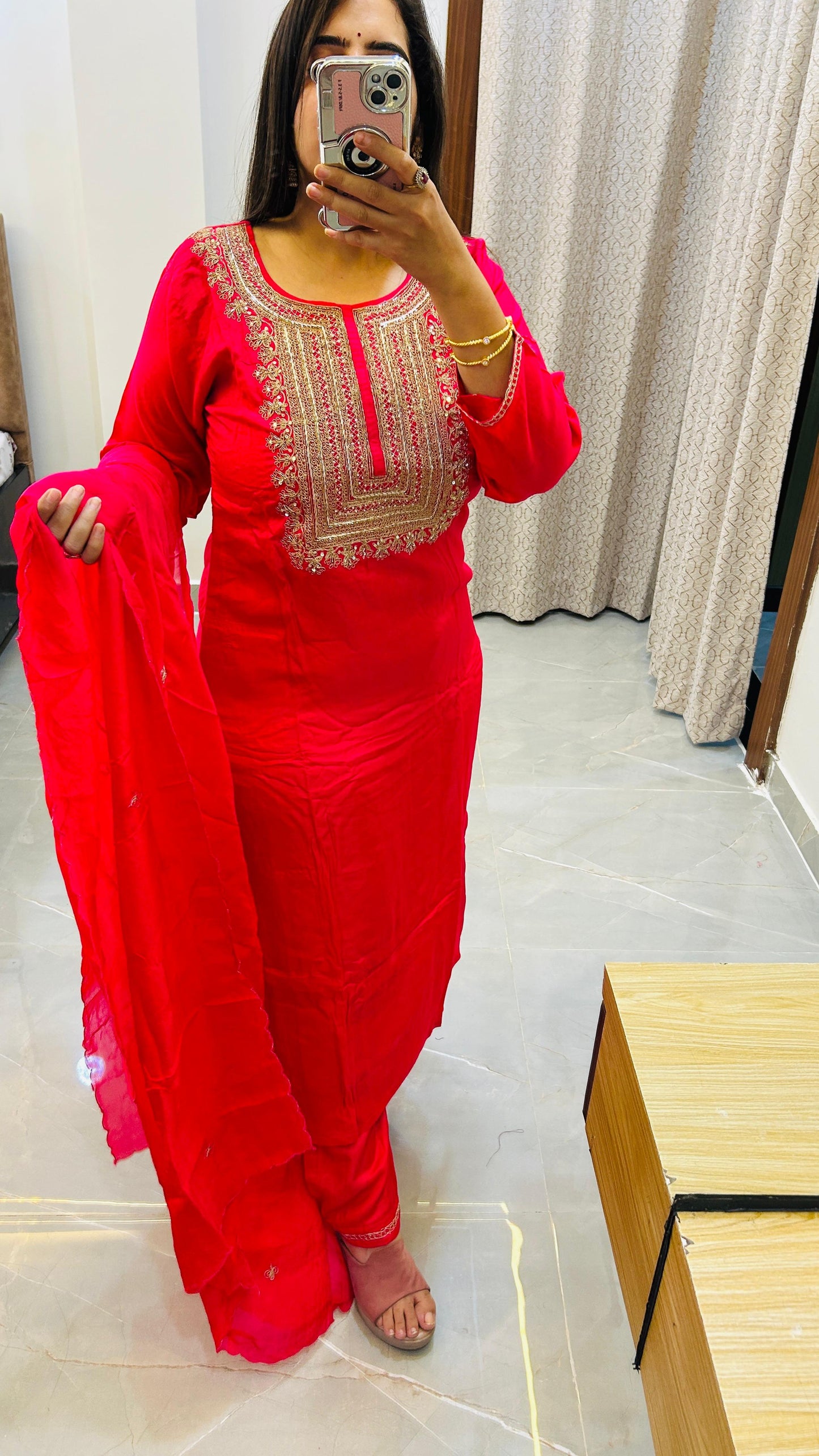 Pure silk Red Rani color straight suit set