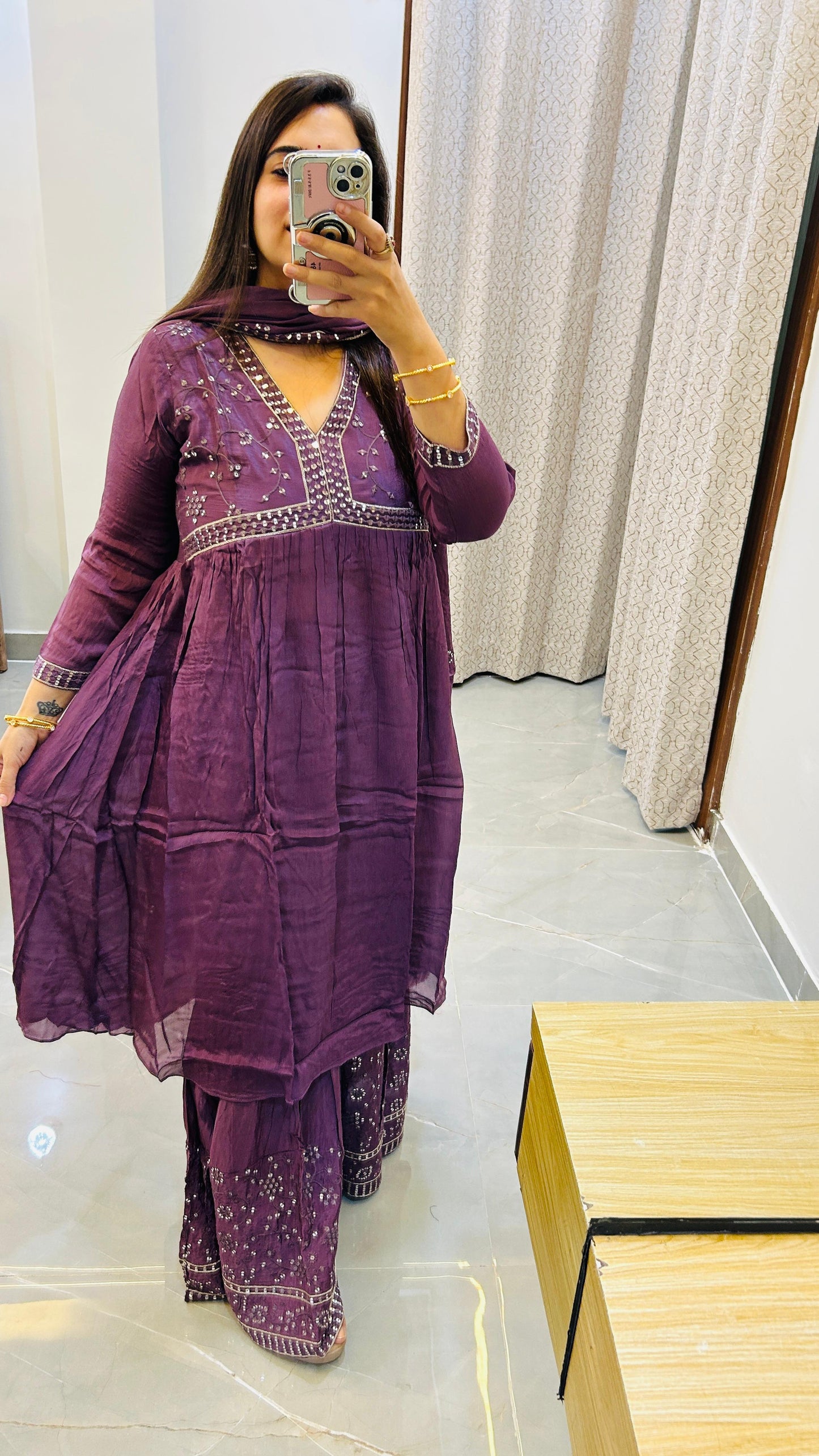 Stunning Heavy Sharara Set in Pure Chinon Fabric with Alia Style Neck Work-Purple