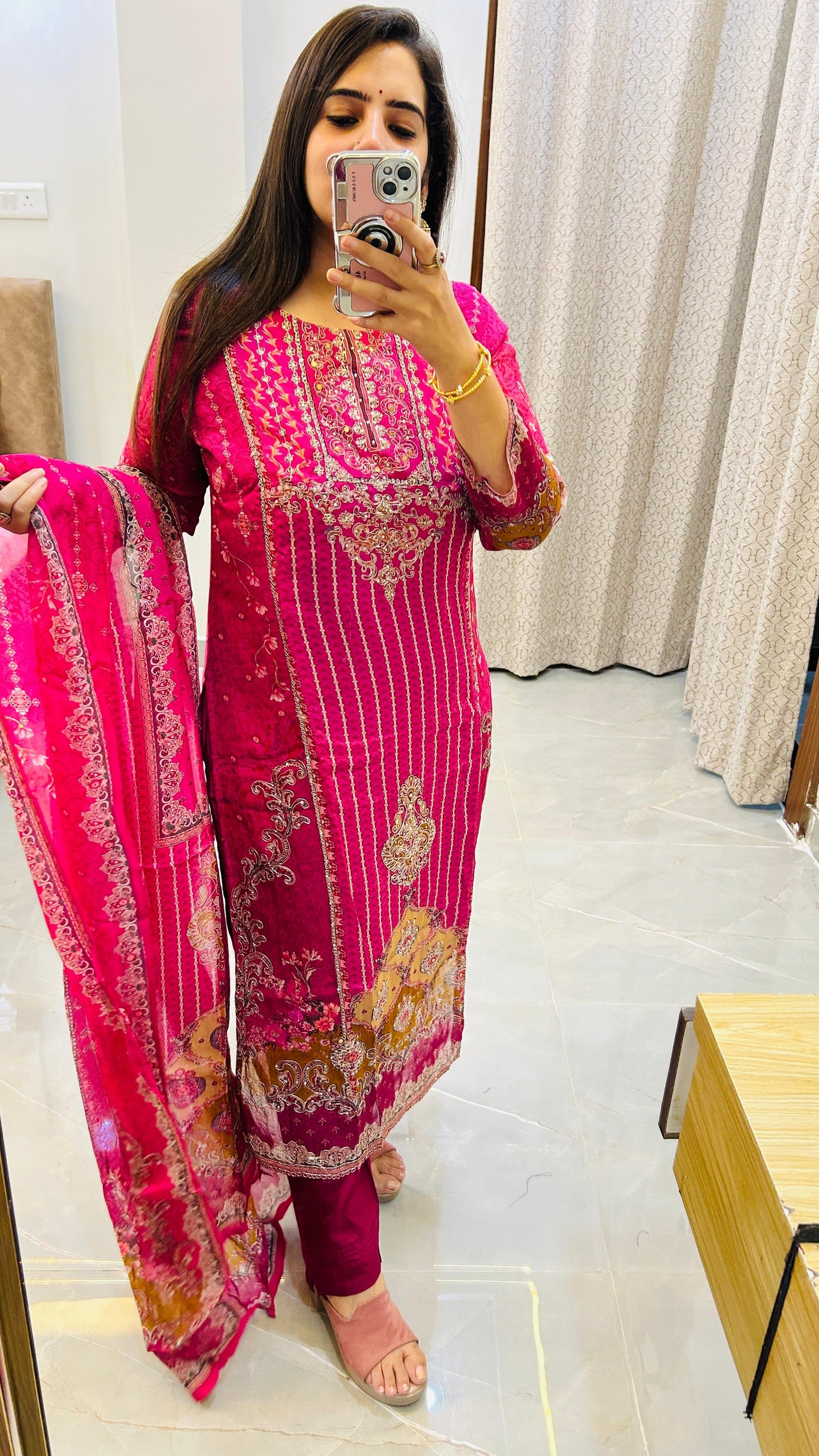 Heavy Pink Crepe Organza Pakistani Style Straight Suit Set