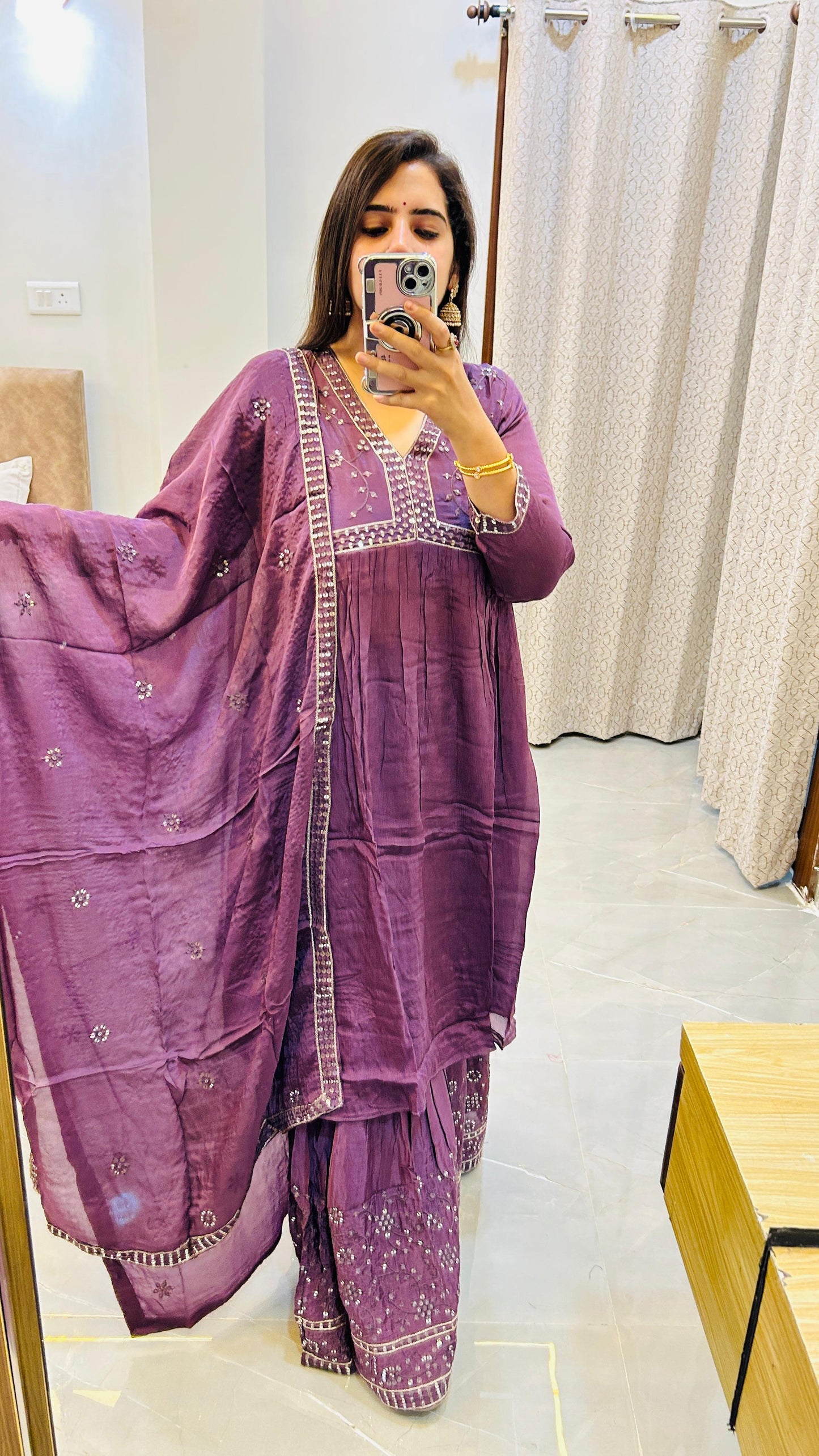 Stunning Heavy Sharara Set in Pure Chinon Fabric with Alia Style Neck Work-Purple