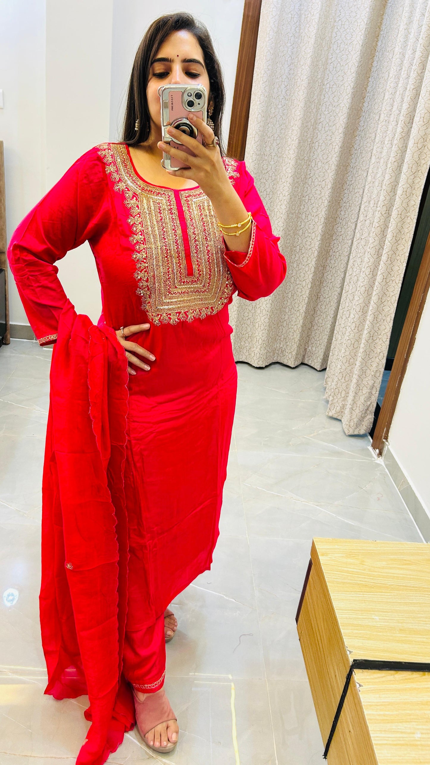 Pure silk Red Rani color straight suit set