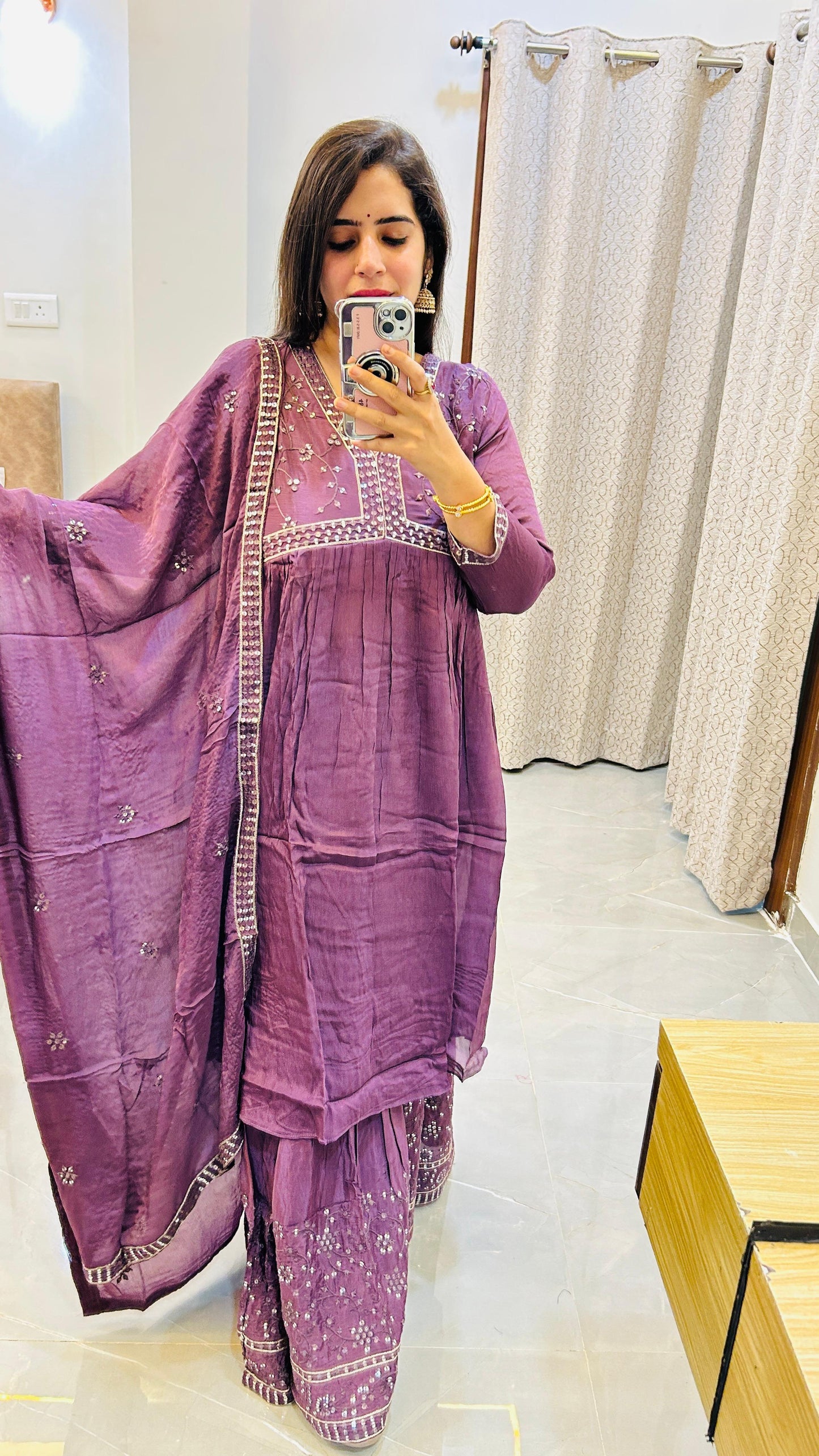 Stunning Heavy Sharara Set in Pure Chinon Fabric with Alia Style Neck Work-Purple