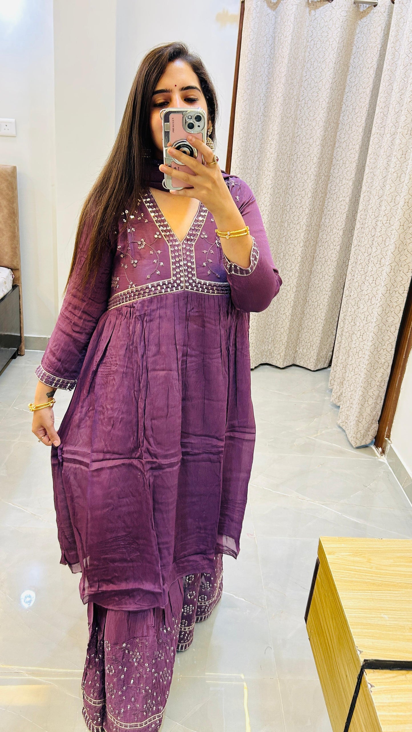 Stunning Heavy Sharara Set in Pure Chinon Fabric with Alia Style Neck Work-Purple