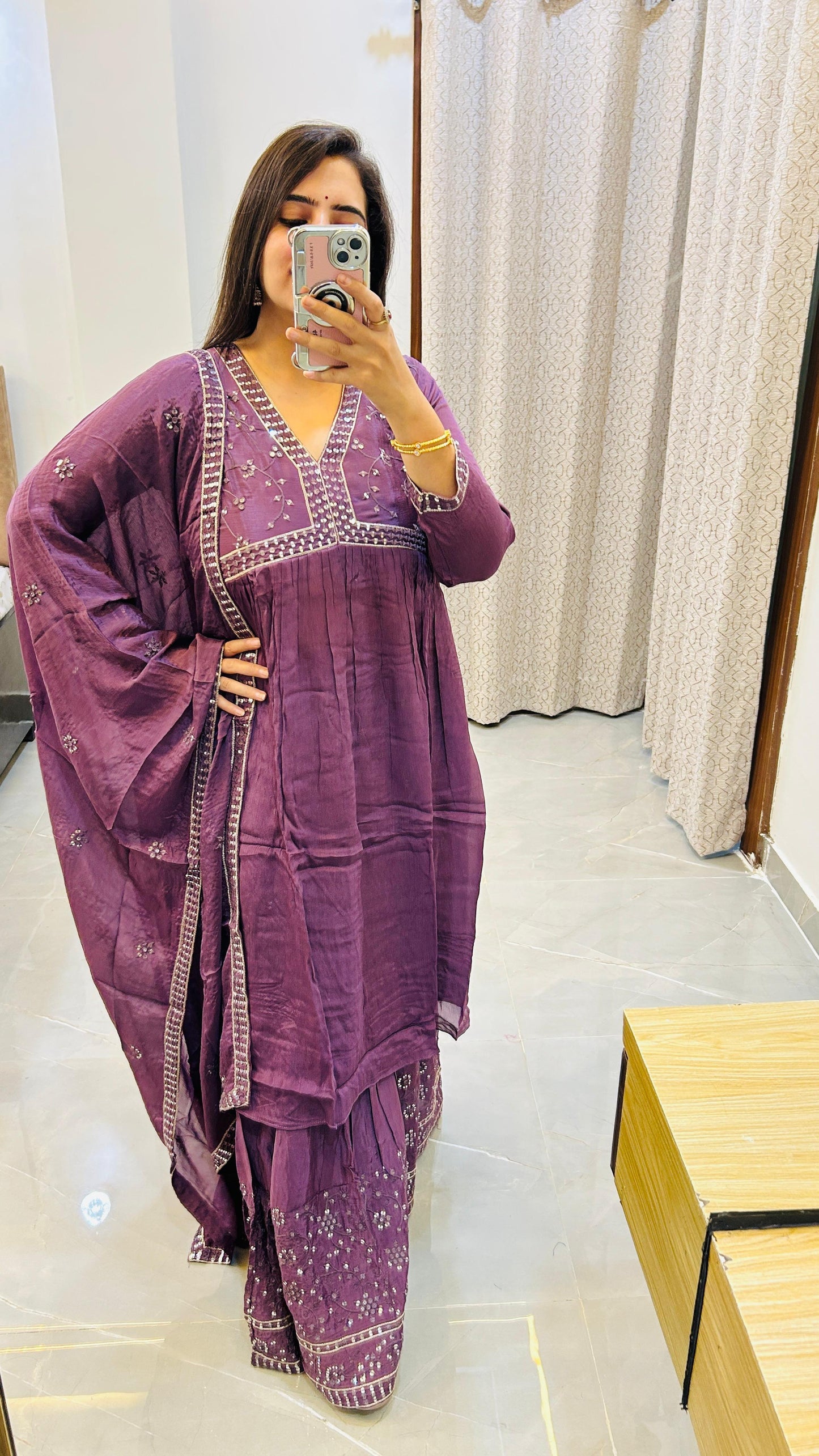 Stunning Heavy Sharara Set in Pure Chinon Fabric with Alia Style Neck Work-Purple