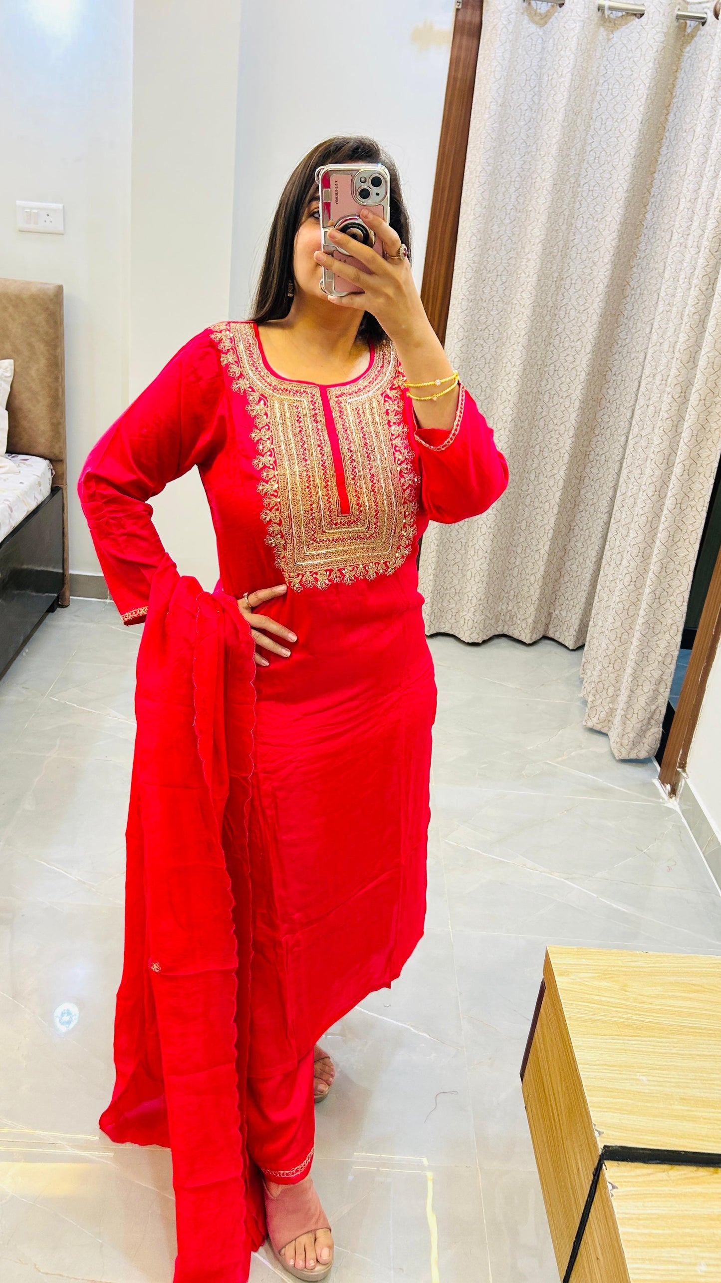 Pure silk Red Rani color straight suit set