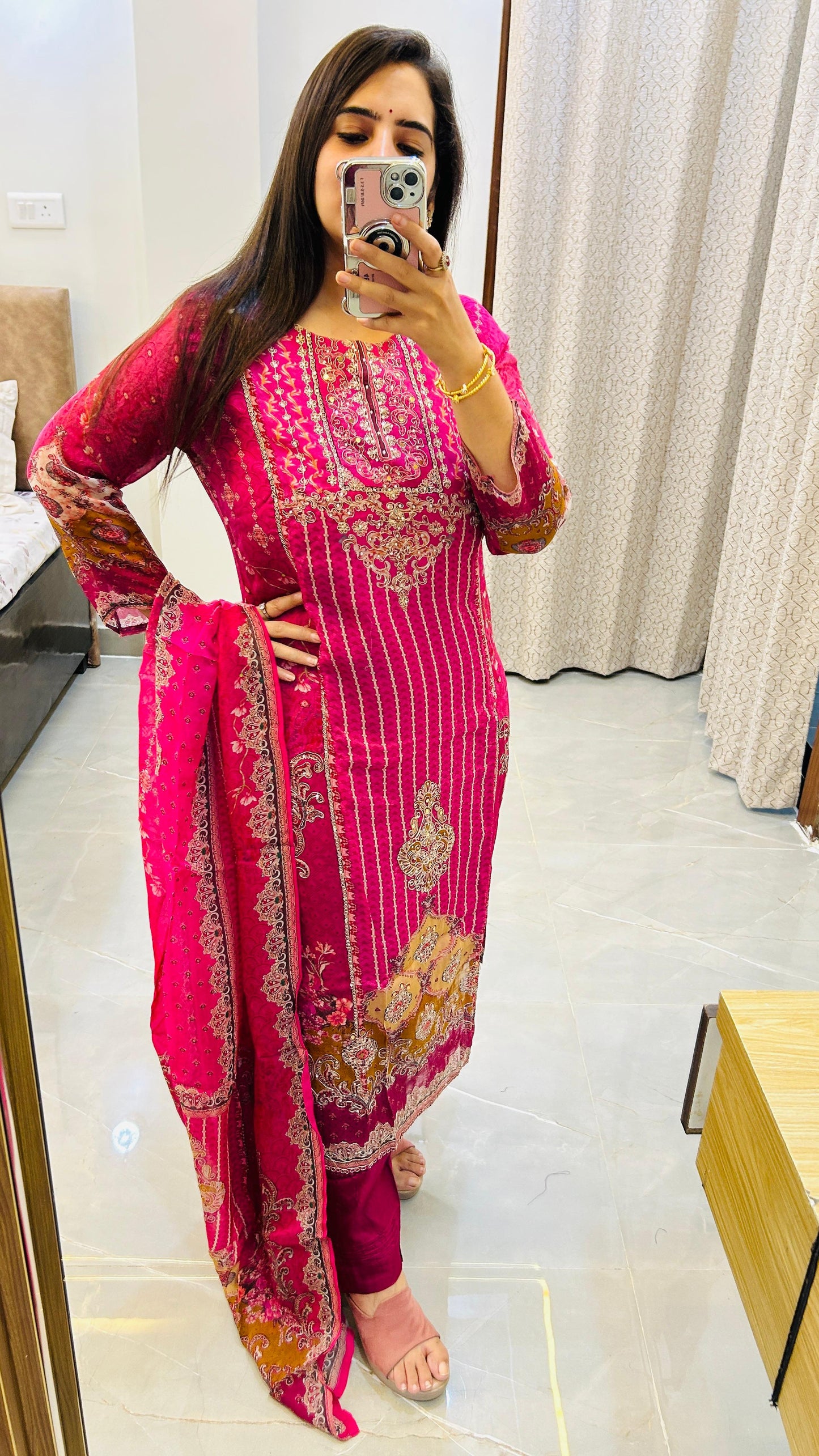 Heavy Pink Crepe Organza Pakistani Style Straight Suit Set