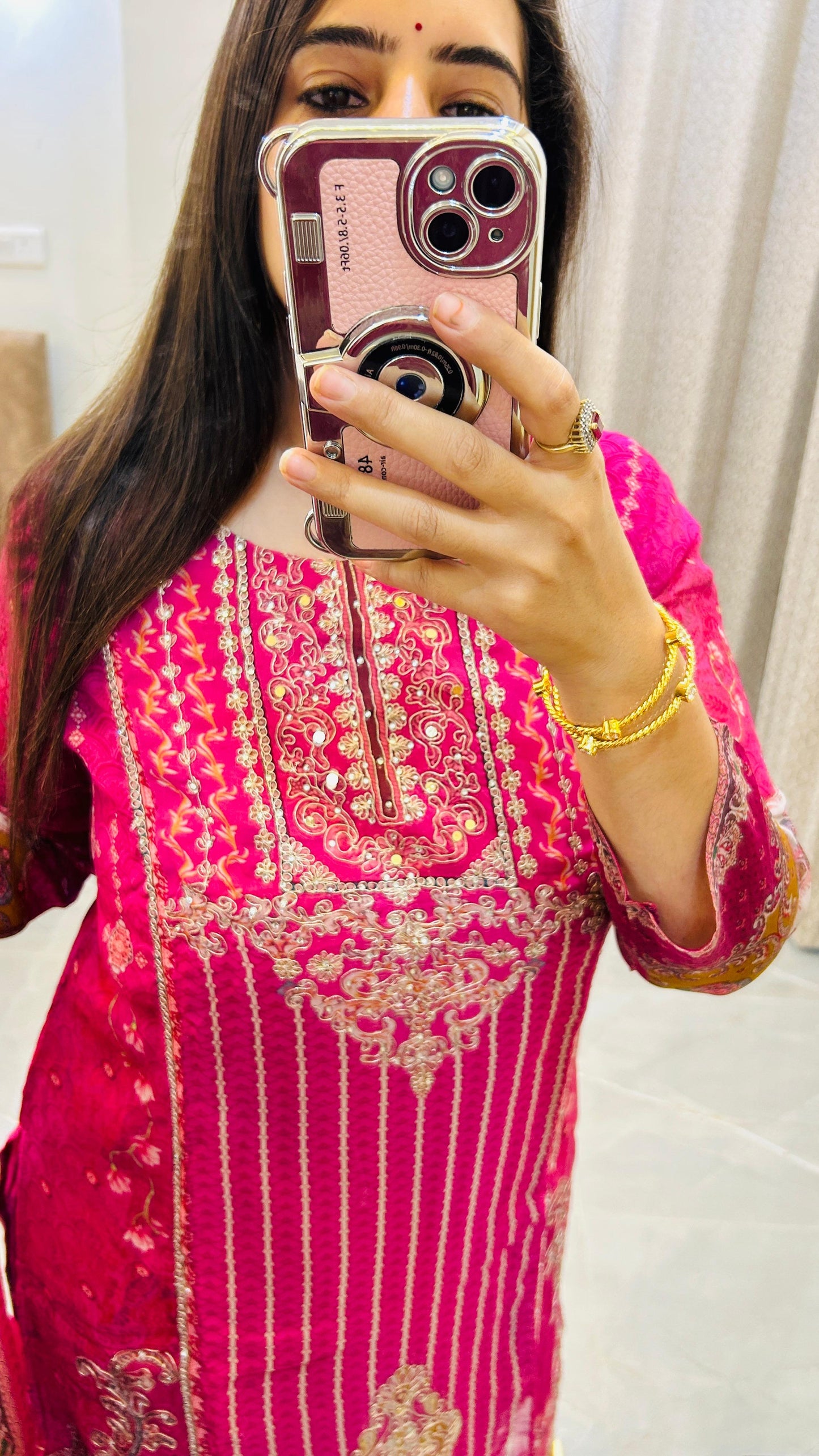 Heavy Pink Crepe Organza Pakistani Style Straight Suit Set