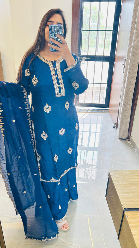 Elegant Heavy Blue Sharara Set in Pure Silk with Handcrafted Detailing