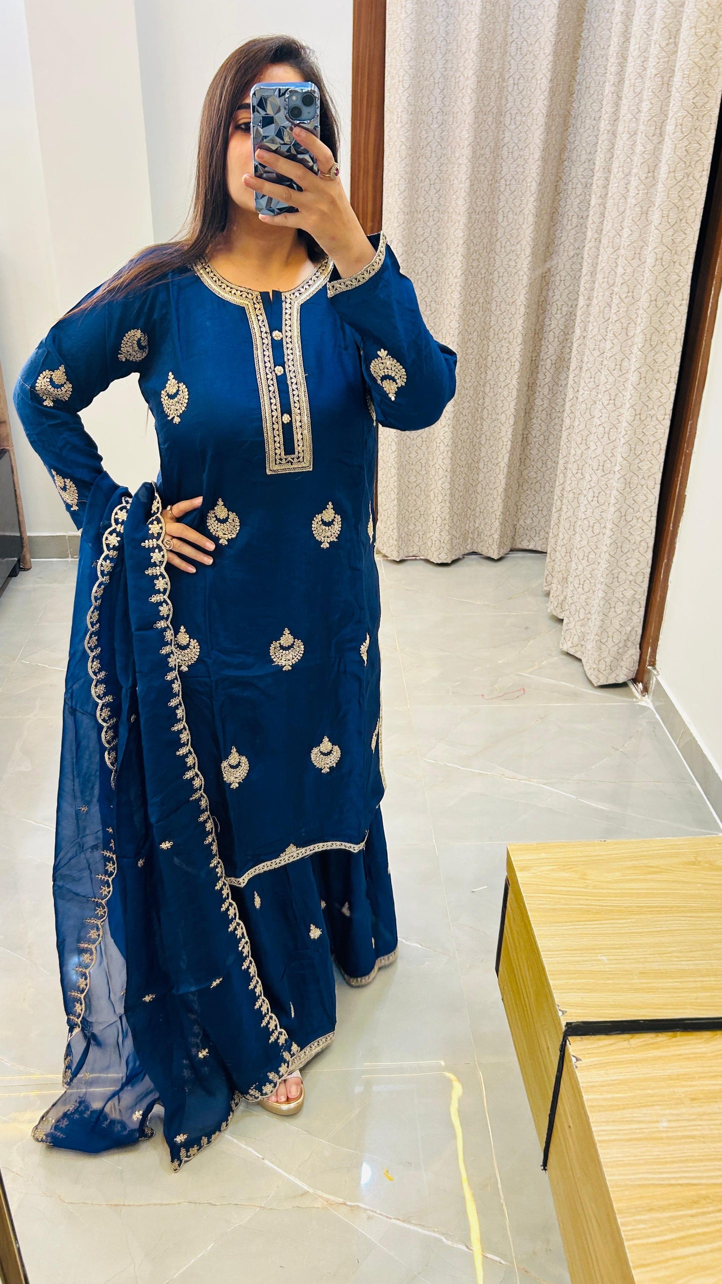 Elegant Heavy Blue Sharara Set in Pure Silk with Handcrafted Detailing