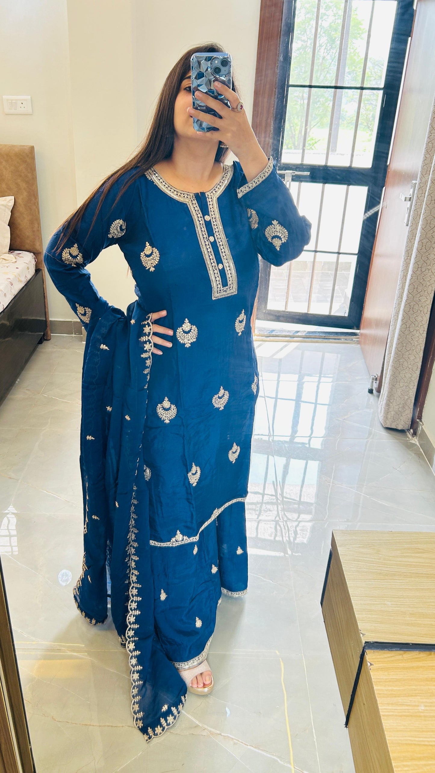 Elegant Heavy Blue Sharara Set in Pure Silk with Handcrafted Detailing