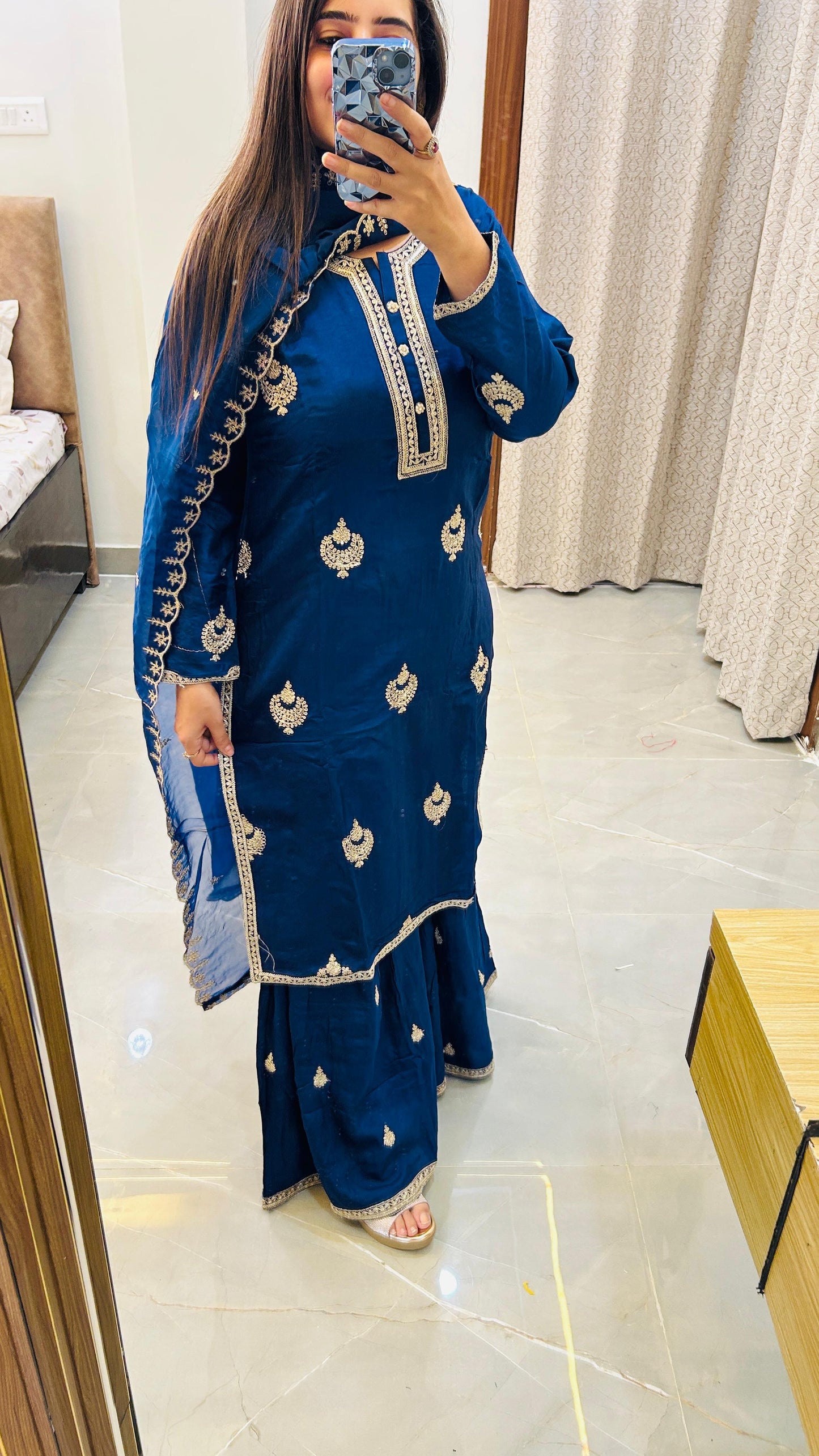 Elegant Heavy Blue Sharara Set in Pure Silk with Handcrafted Detailing