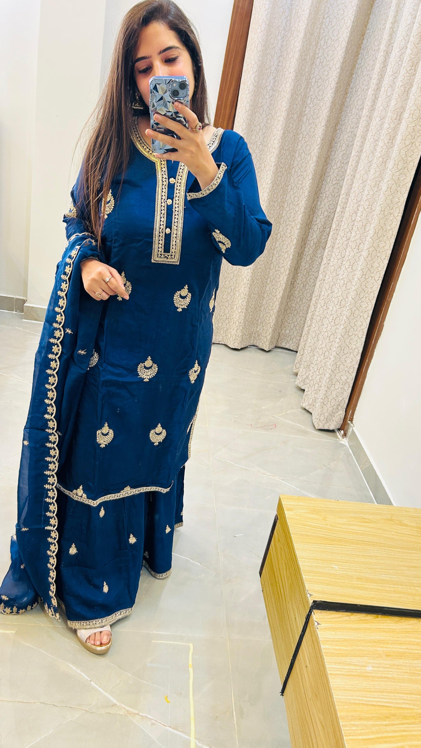 Elegant Heavy Blue Sharara Set in Pure Silk with Handcrafted Detailing