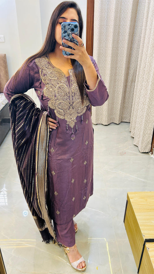 Pure silk suit set with Heavy neck detailing- Purple