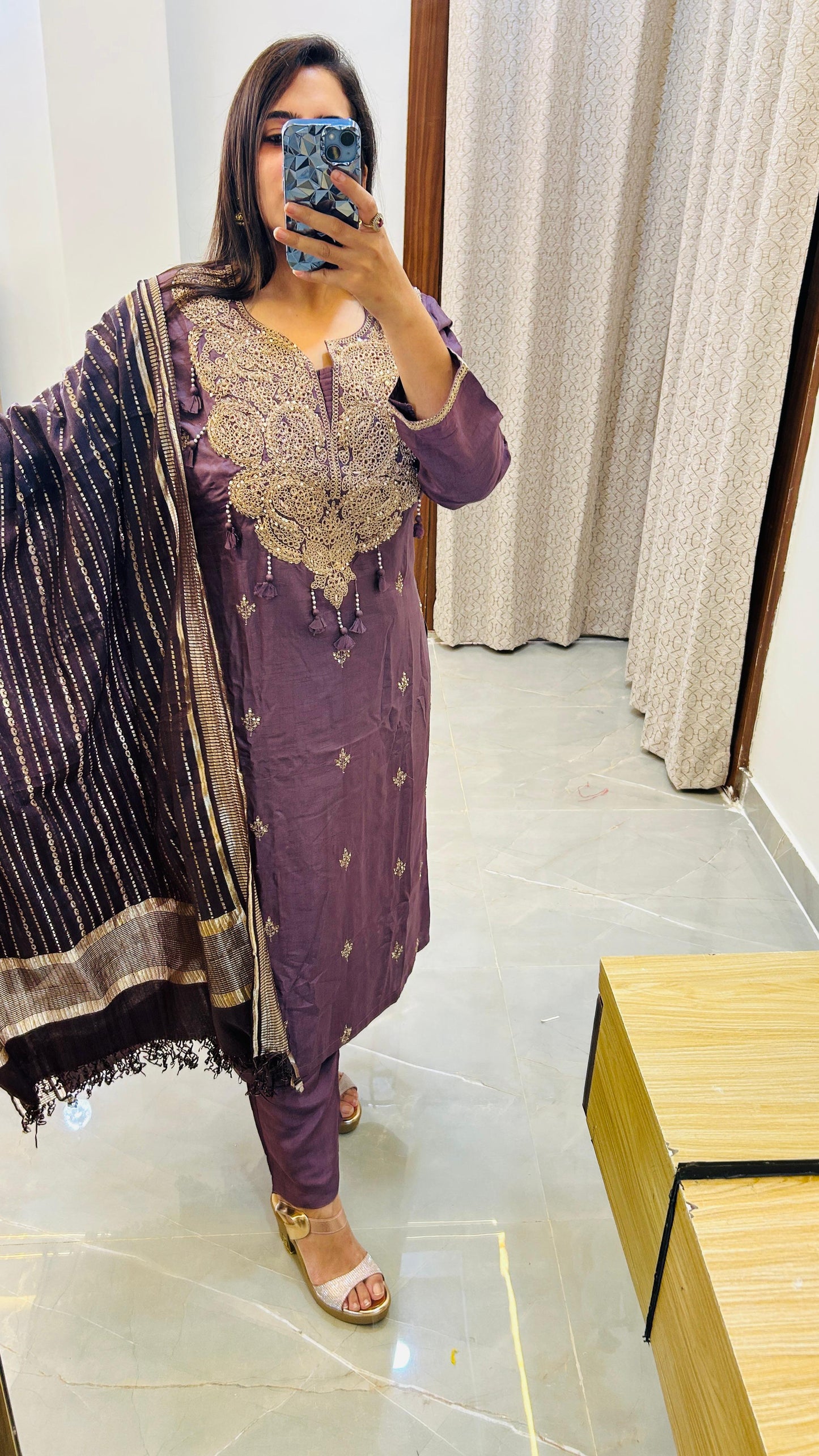 Pure silk suit set with Heavy neck detailing- Purple