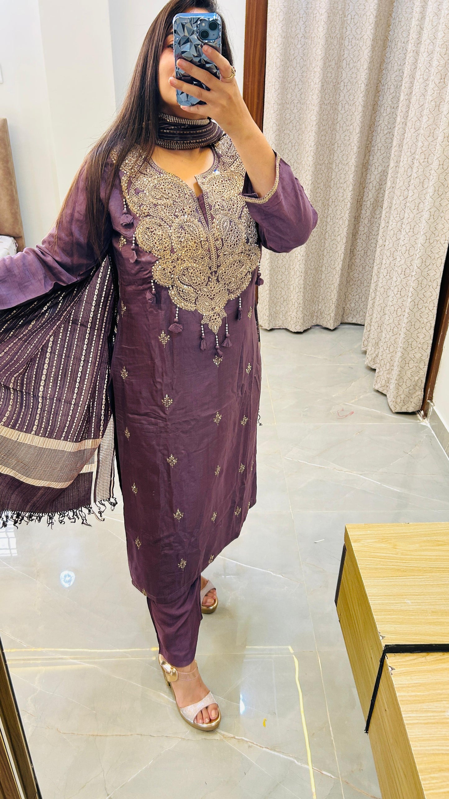 Pure silk suit set with Heavy neck detailing- Purple