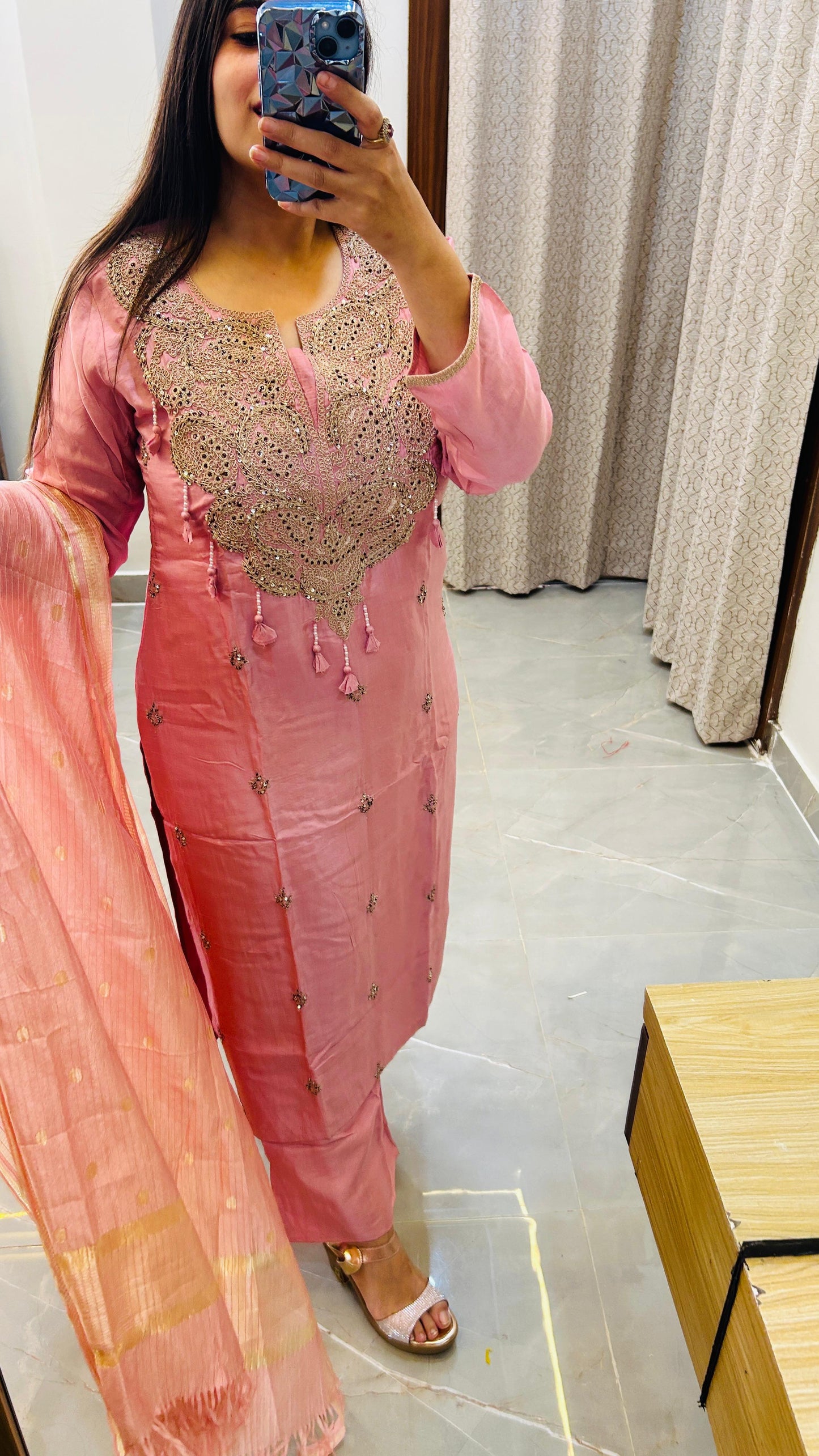 Pure silk suit set with Heavy neck detailing- Pink