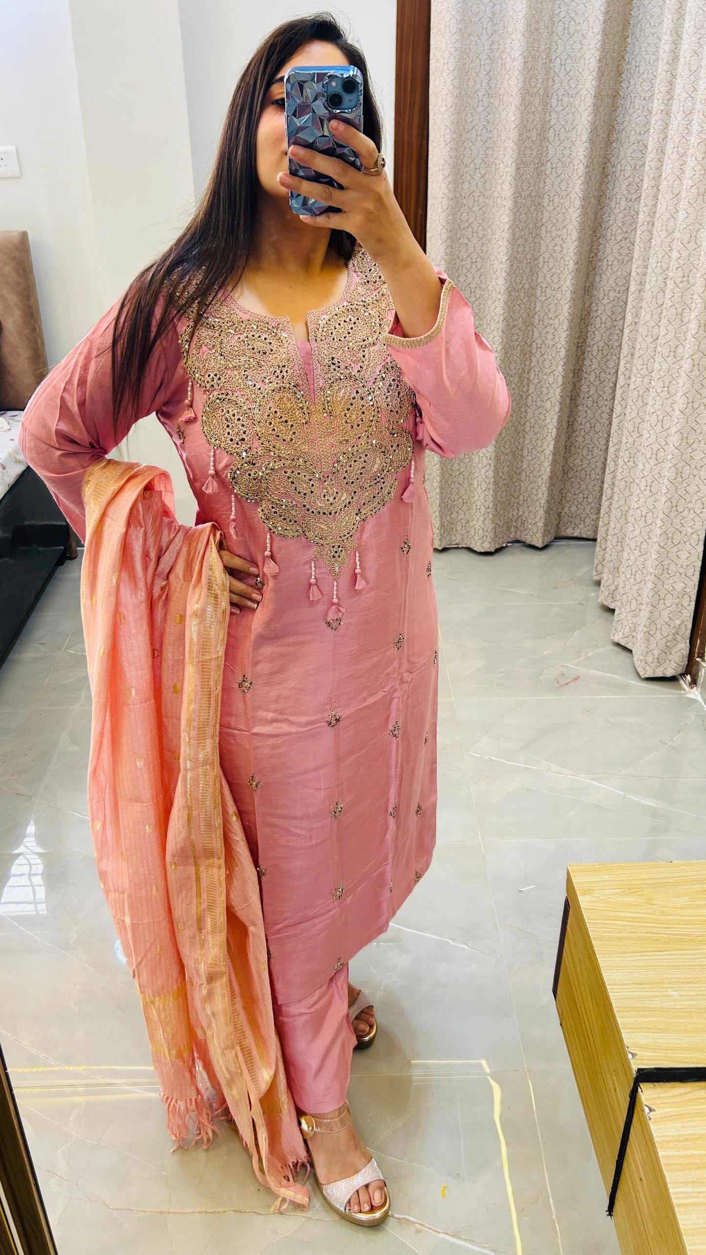 Pure silk suit set with Heavy neck detailing- Pink