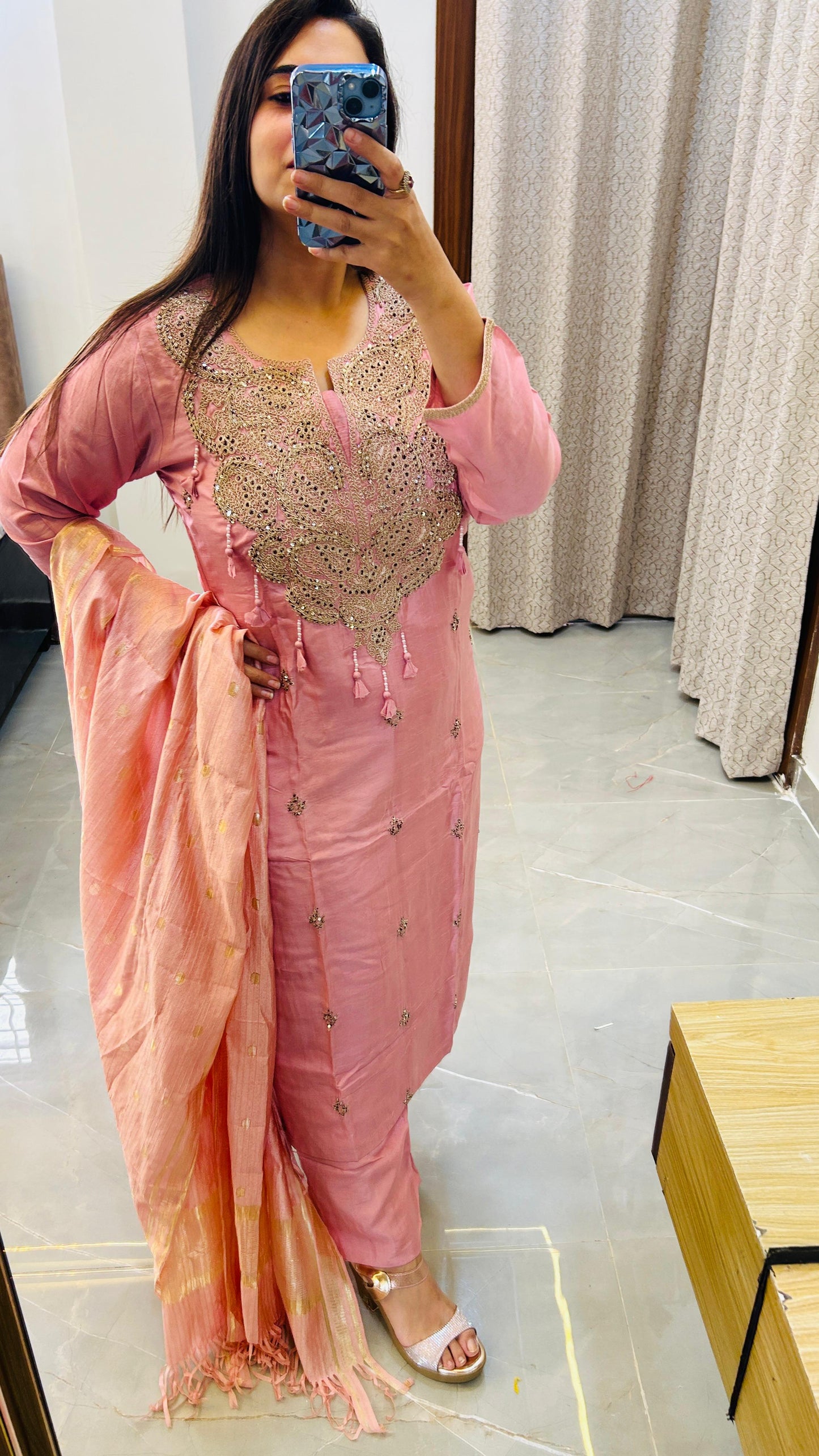 Pure silk suit set with Heavy neck detailing- Pink