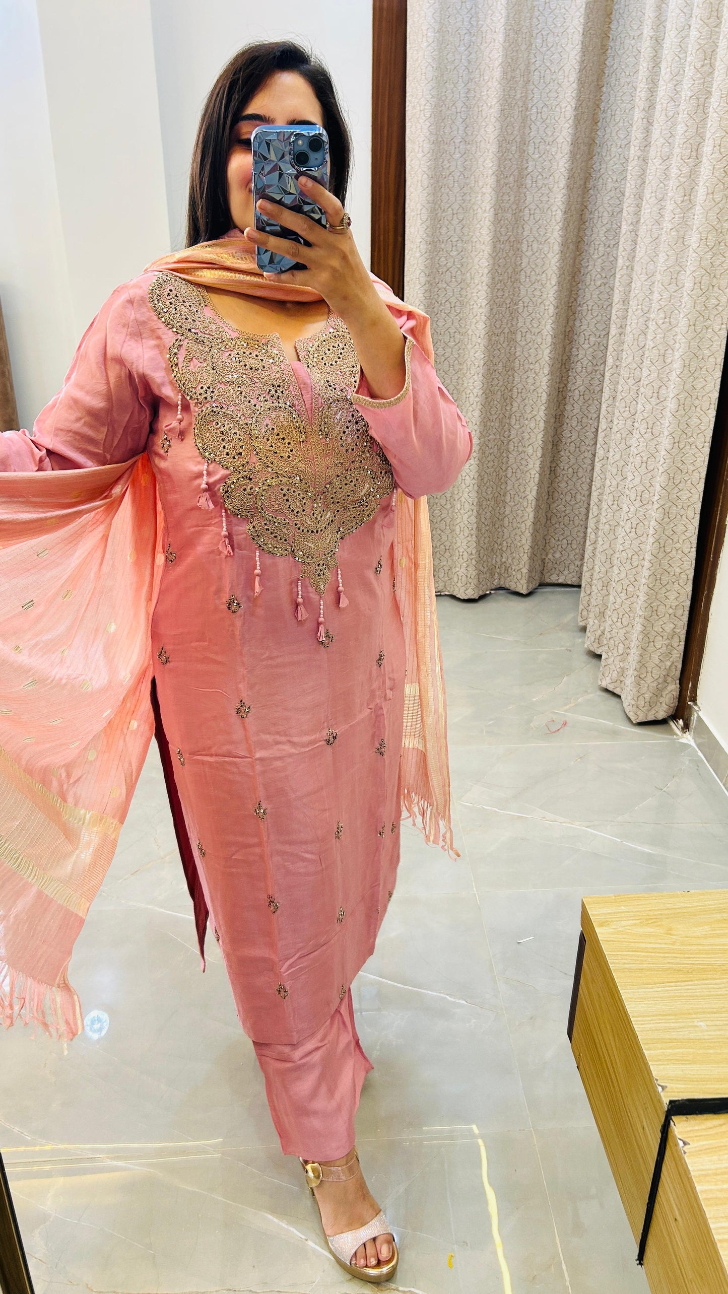 Pure silk suit set with Heavy neck detailing- Pink