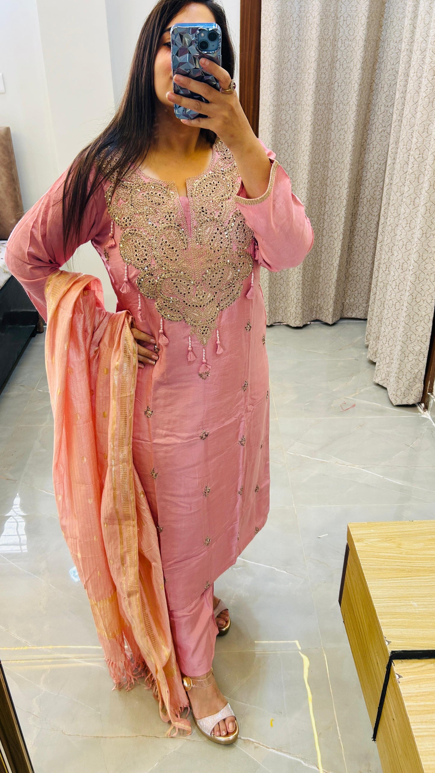 Pure silk suit set with Heavy neck detailing- Pink