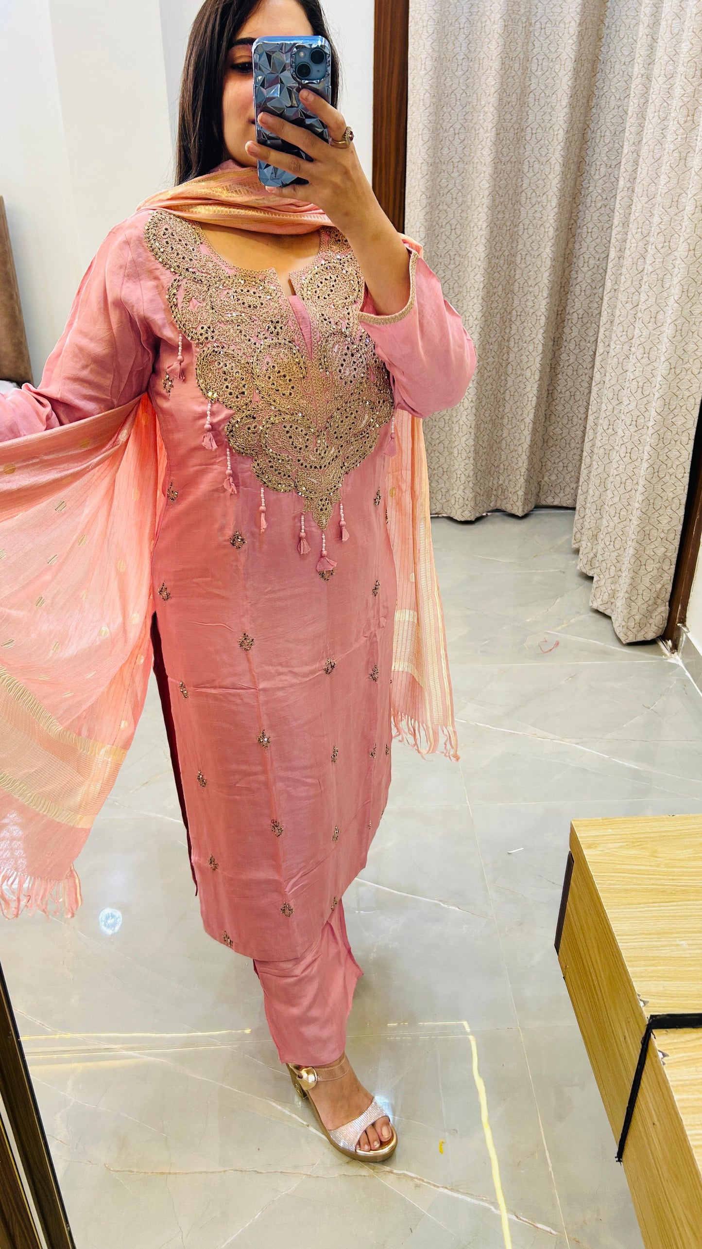 Pure silk suit set with Heavy neck detailing- Pink