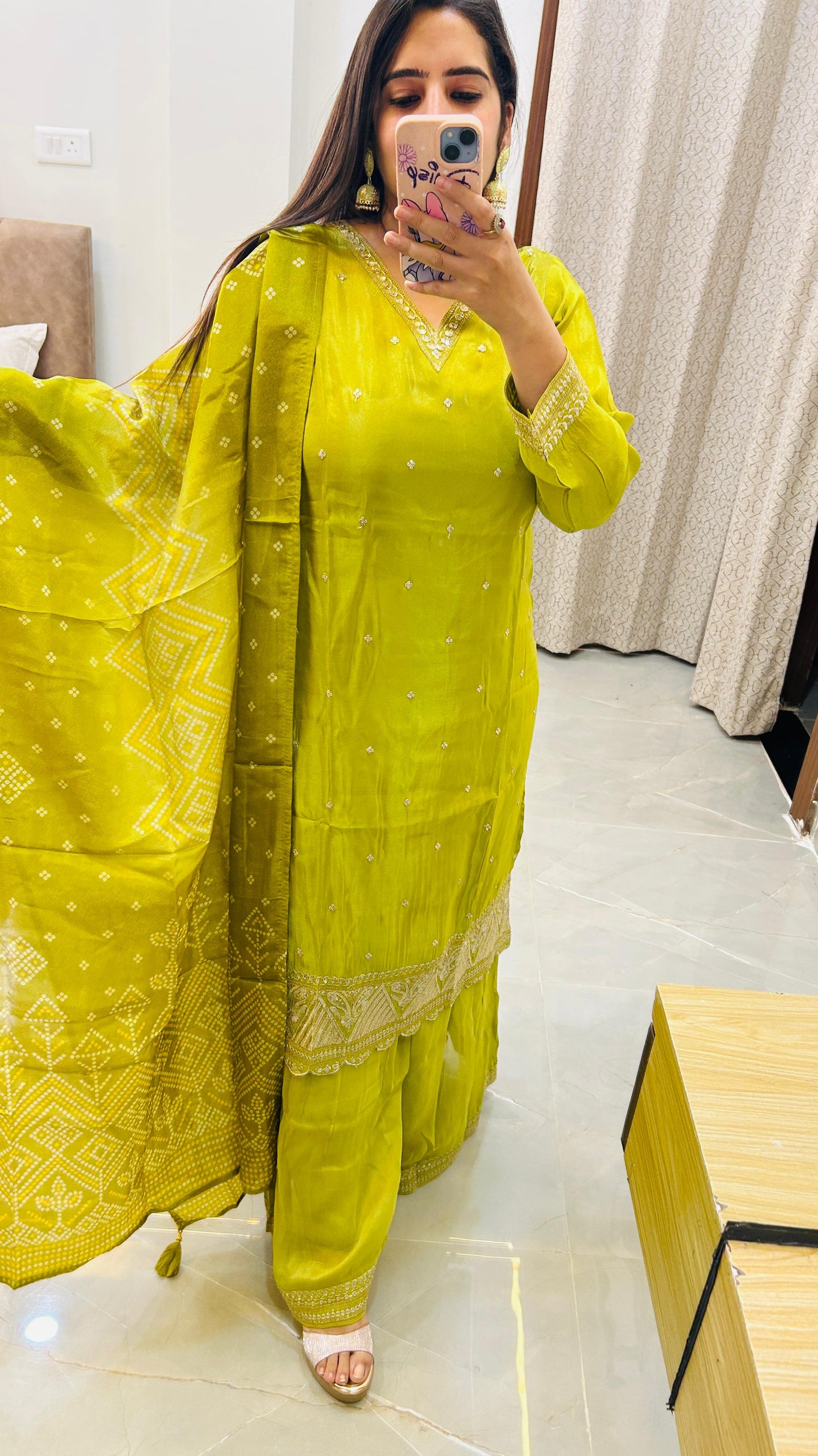 Neon Green Heavy Crepe Shimmer Palazzo Set with Bandhej Dupatta