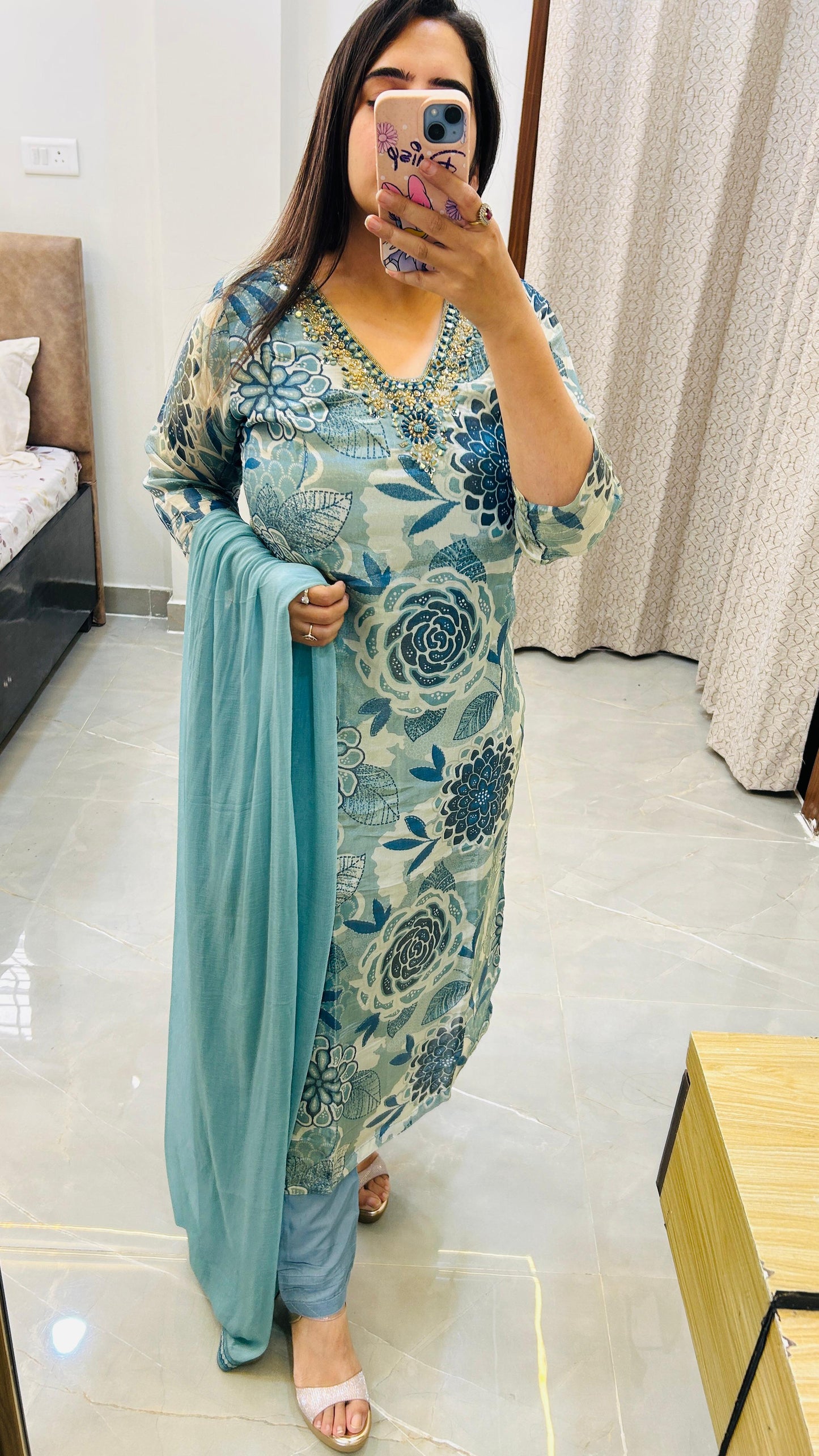 Elegant Blue Floral Digital Print Straight Suit Set in Heavy Crepe Shimmer Fabric