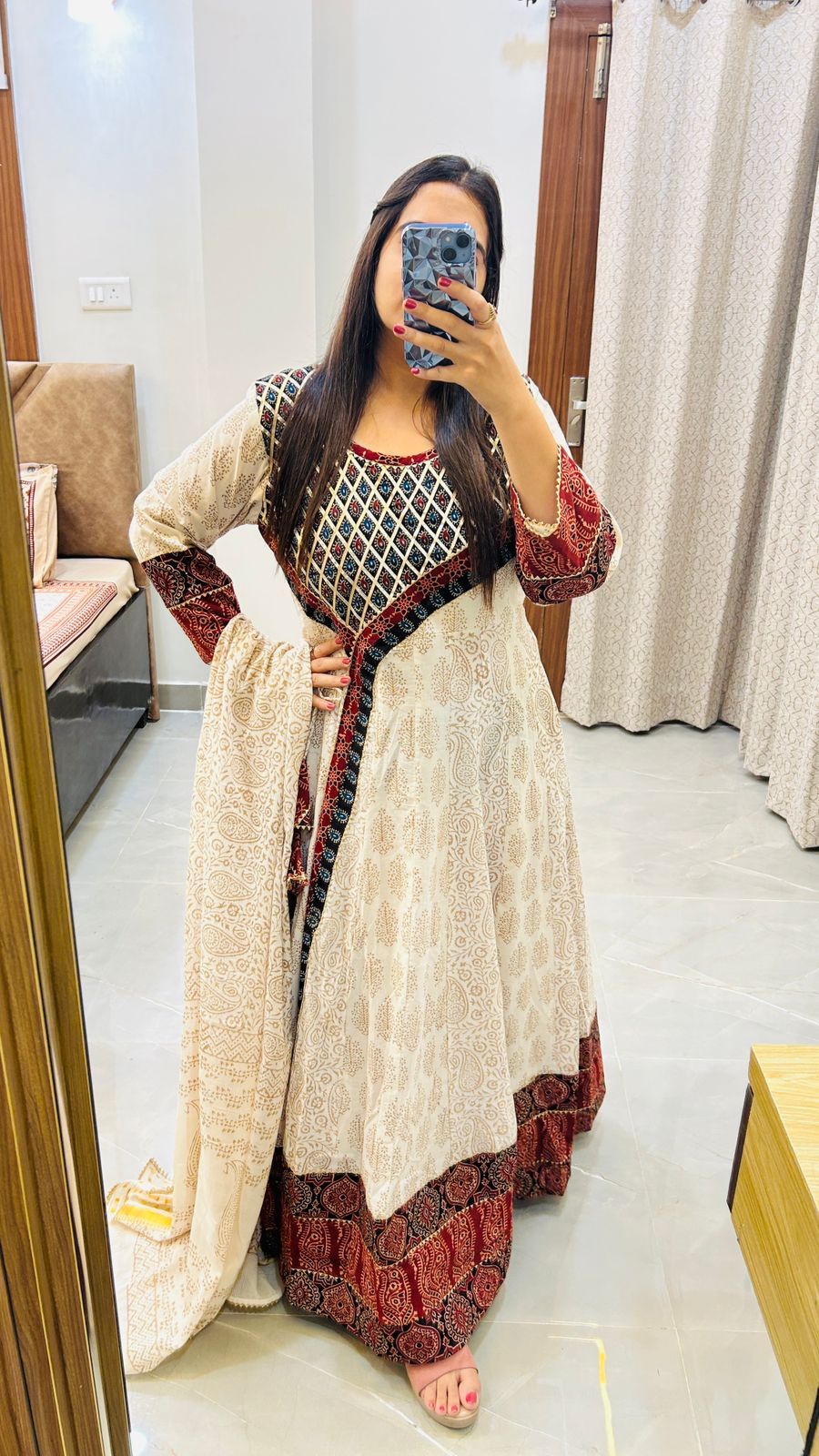 White angrakha pure Bagh print Anarkali set with heavy patch work(free size, inner margin up to 6 XL)