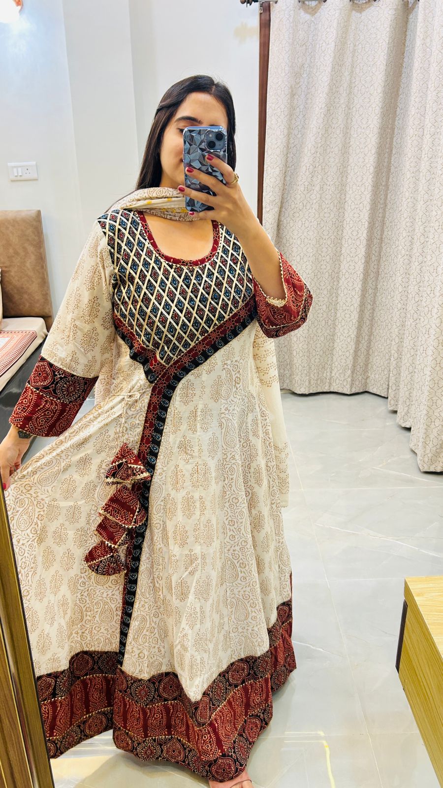 White angrakha pure Bagh print Anarkali set with heavy patch work(free size, inner margin up to 6 XL)