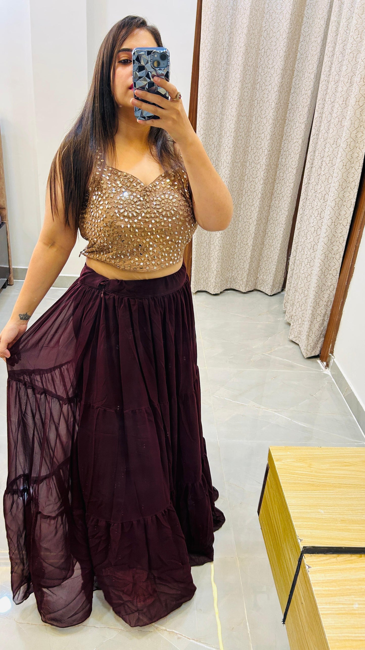 Stylish Indo-Western Crop Top skirt with Shrug in Luxurious Pure Fabric