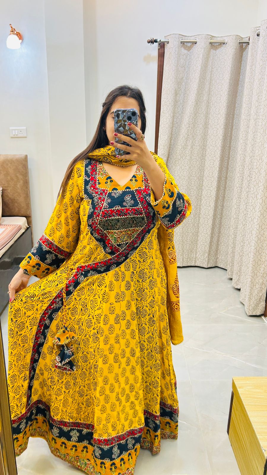 Yellow pure Bagh print Anarkali set with heavy patch work(free size, inner margin up to 6 XL)