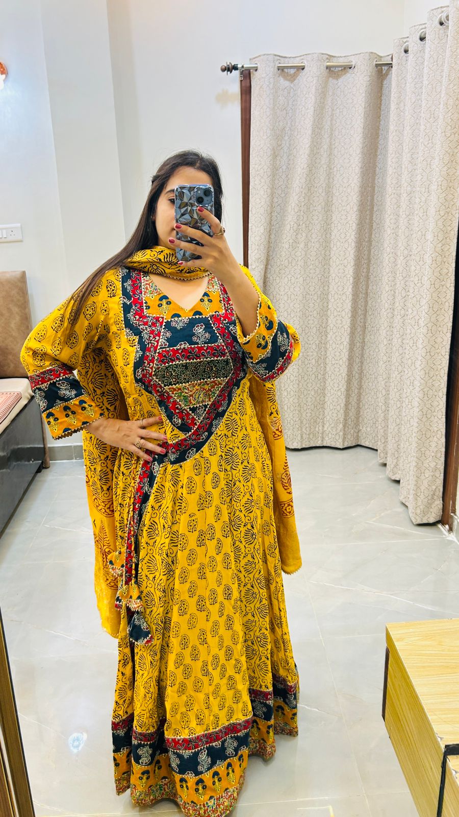 Yellow pure Bagh print Anarkali set with heavy patch work(free size, inner margin up to 6 XL)